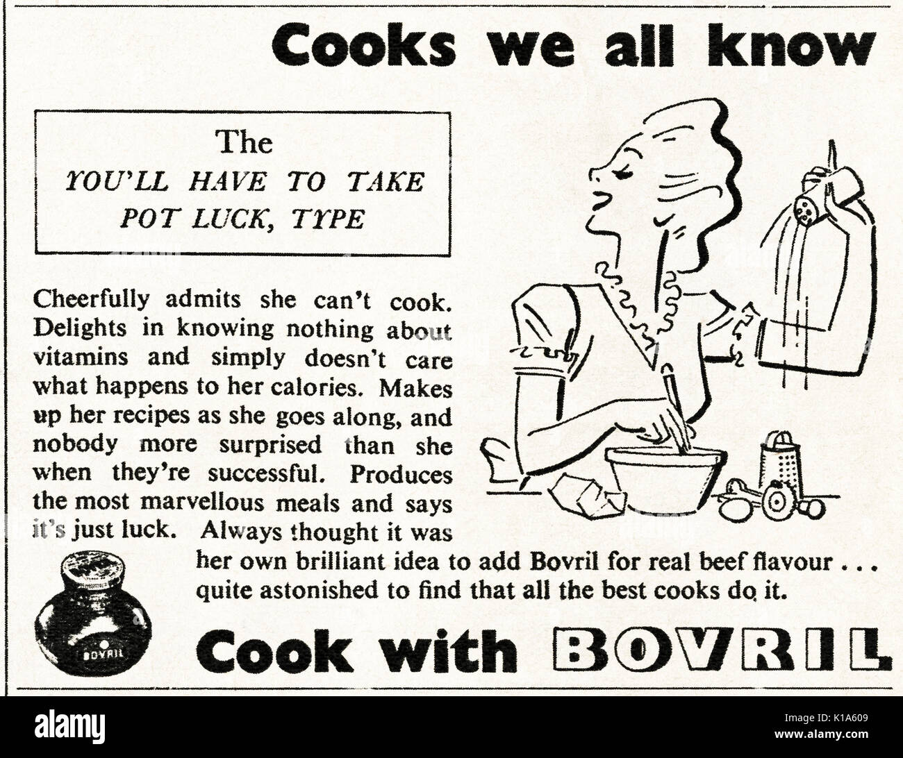 1940s old vintage original advert advertising cooking with Bovril in magazine circa 1946 when supplies were still restricted under post-war rationing Stock Photo