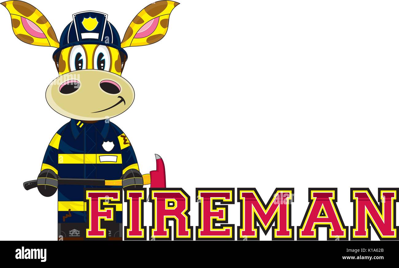 Cute Cartoon Giraffe Fireman - Firefighter Vector Illustration Stock ...