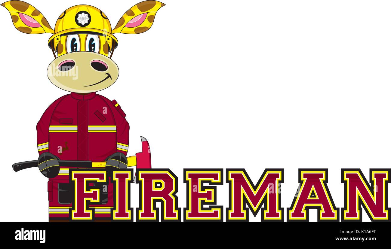 Cute Cartoon Giraffe Fireman - Firefighter Vector Illustration Stock ...