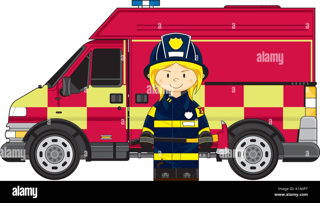Cute Cartoon Fireman - Firefighter Fire Truck Vector Illustration Stock ...