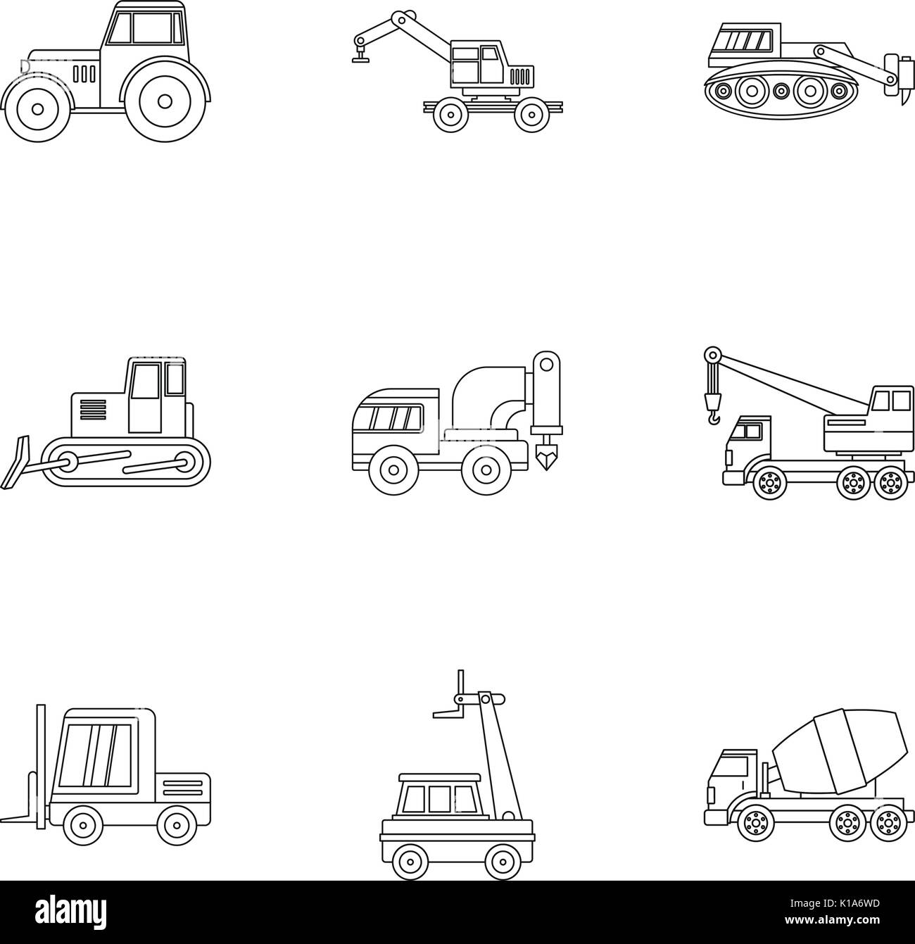 Building vehicle icon set, outline style Stock Vector