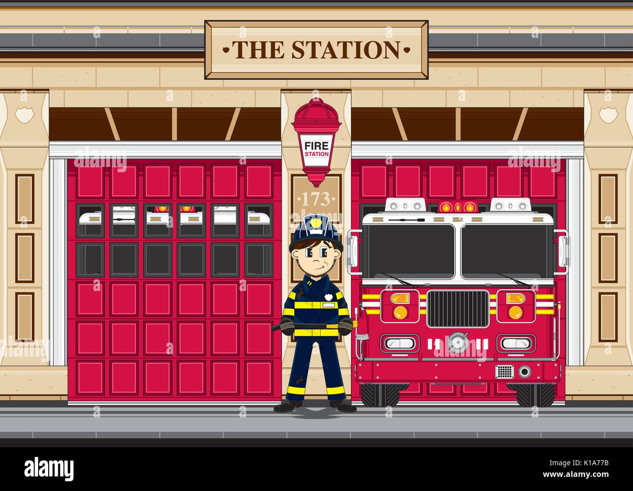 Cute Cartoon Fireman - Firefighter and Fire Truck Vector Illustration ...