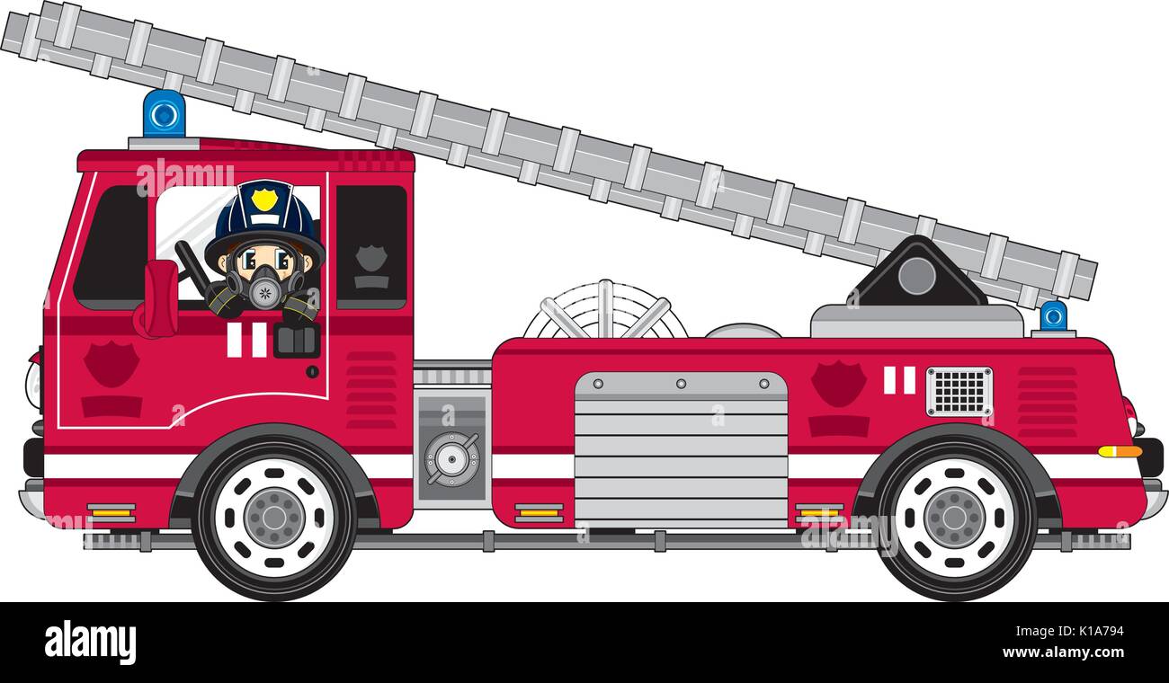 Cute Cartoon Fireman - Firefighter Fire Truck Vector Illustration Stock ...
