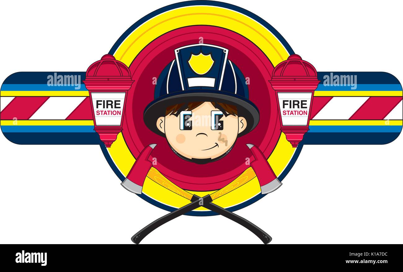 Cute Cartoon Fireman - Firefighter with Axe Vector Illustration Stock ...