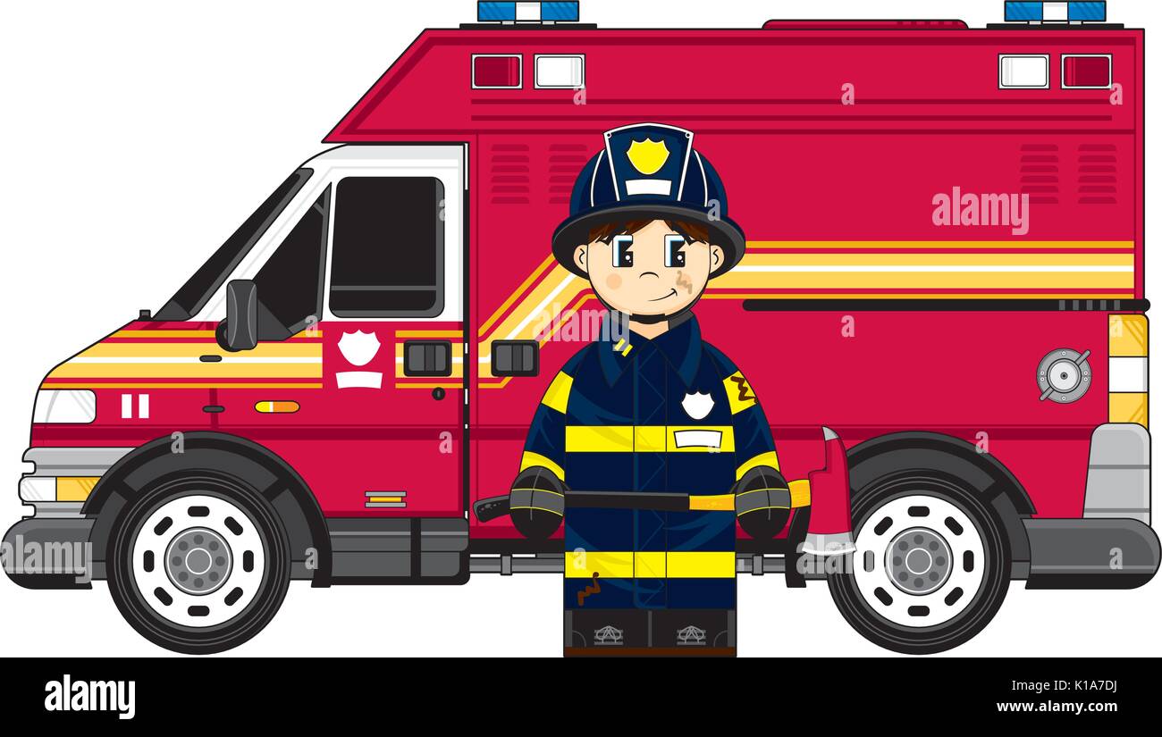 Cute Cartoon Fireman - Firefighter Fire Truck Vector Illustration Stock ...
