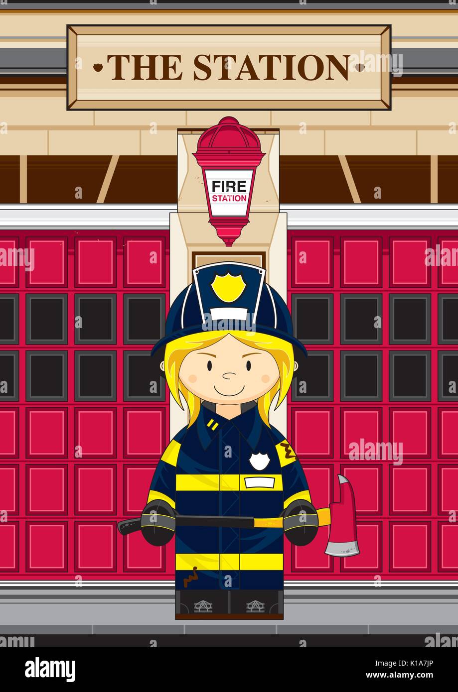 Cute Cartoon Fireman - Firefighter with Axe Vector Illustration Stock ...