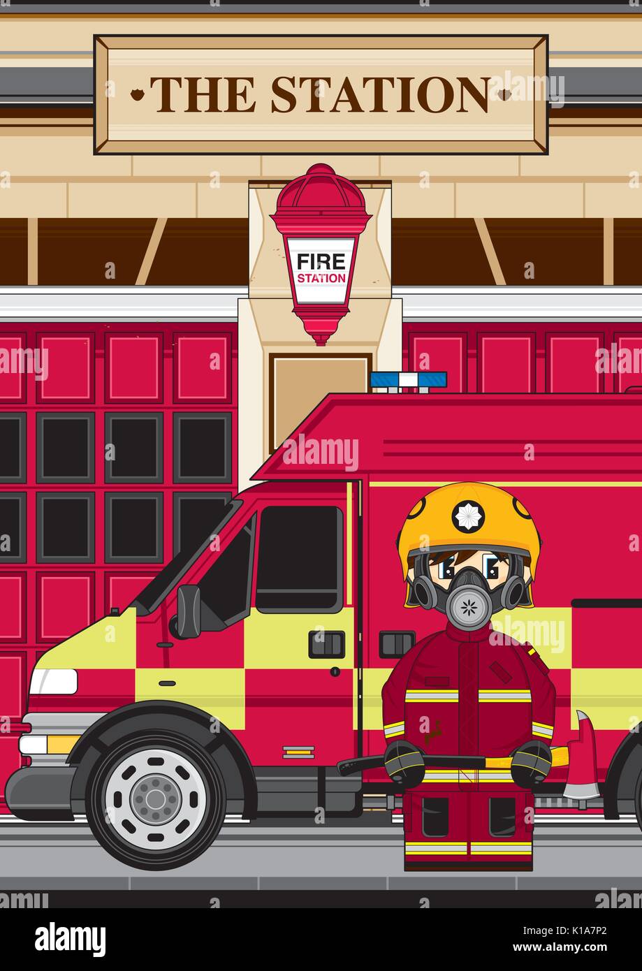 Cute Cartoon Fireman - Firefighter and Fire Truck Vector Illustration ...