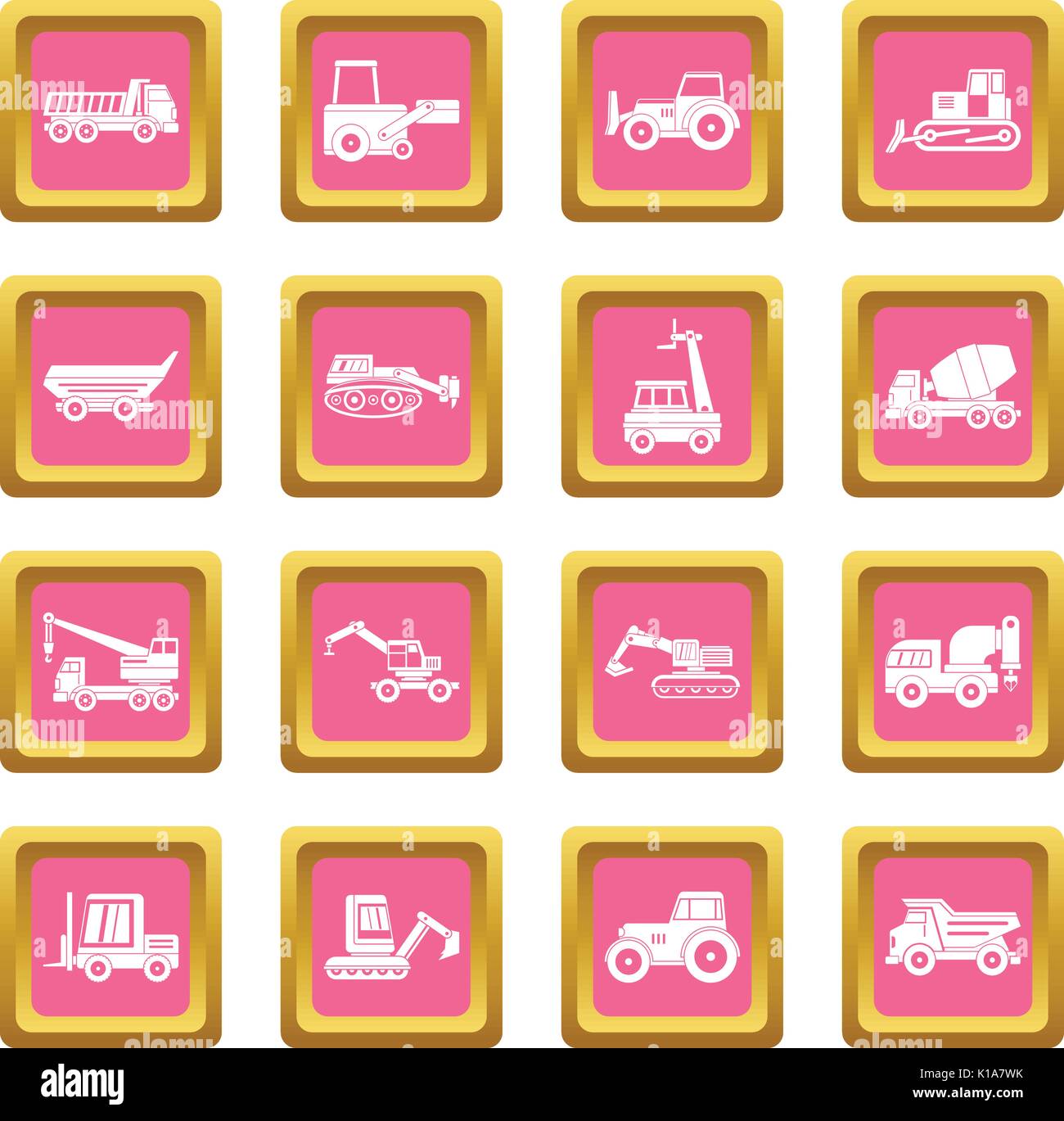 Building vehicles icons pink Stock Vector