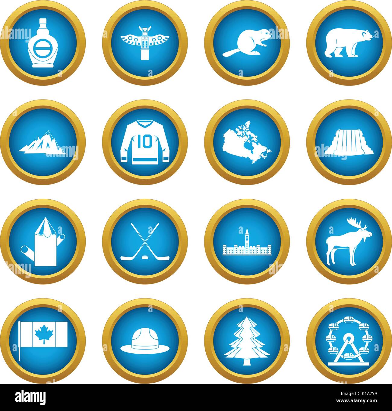 Canada travel icons blue circle set Stock Vector