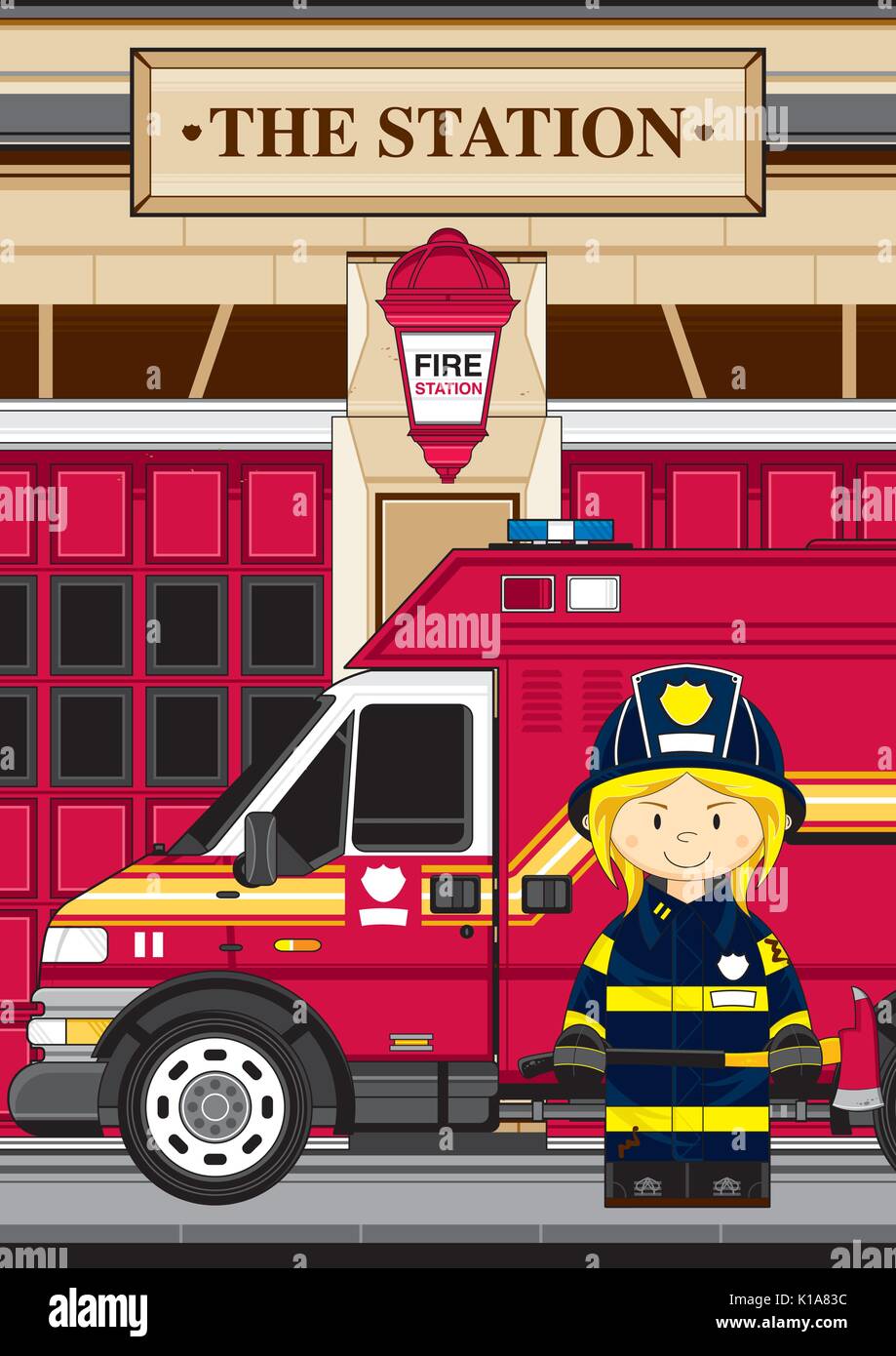 Cute Cartoon Fireman - Firefighter and Fire Truck Vector Illustration ...