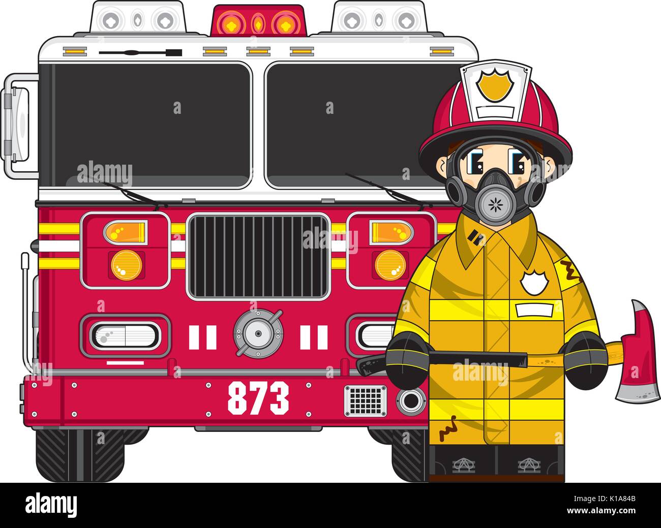 Cute Cartoon Fireman - Firefighter Fire Truck Vector Illustration Stock ...