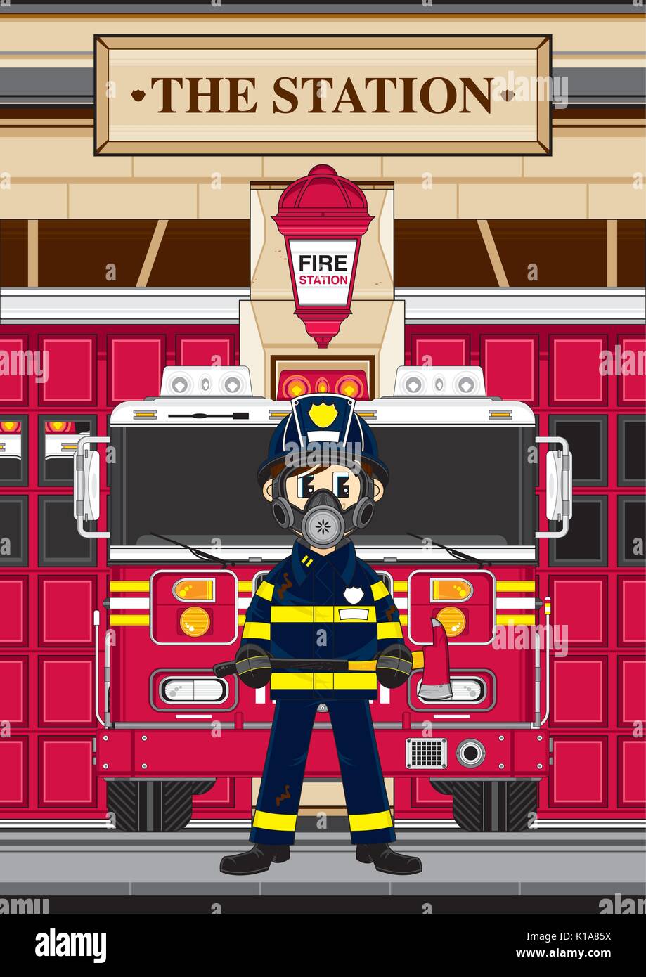 Cute Cartoon Fireman - Firefighter and Fire Truck Vector Illustration ...