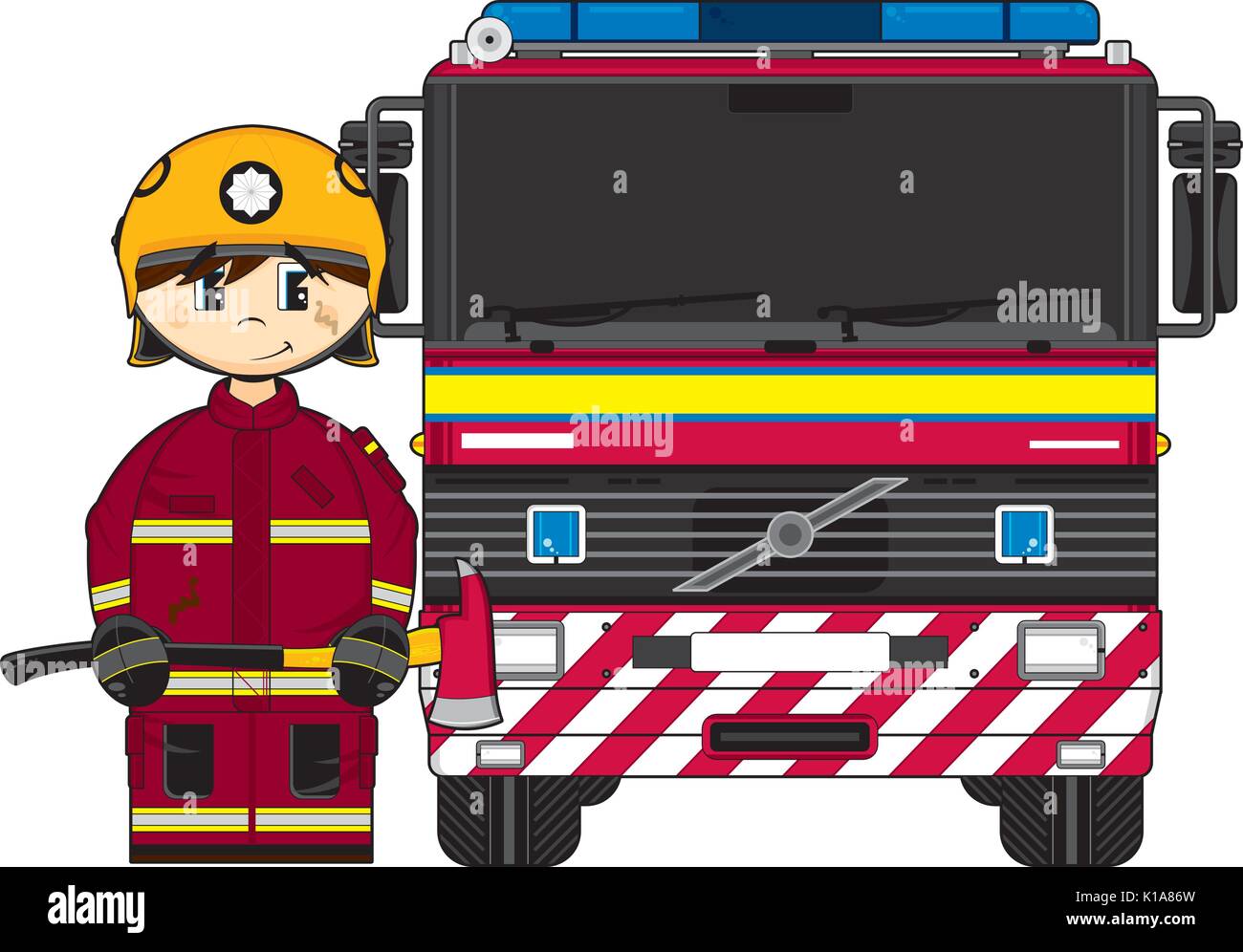 Cute Cartoon Fireman - Firefighter Fire Truck Vector Illustration Stock ...