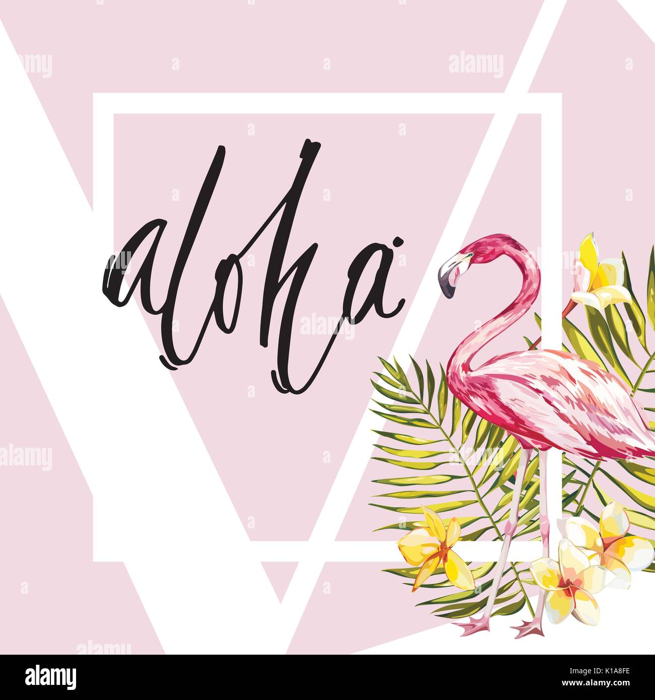 Banner, poster with flamingo, palm leaves, jungle leaf. Beautiful vector floral tropical summer background. Lettering composition - Aloha. EPS 10 Stock Vector