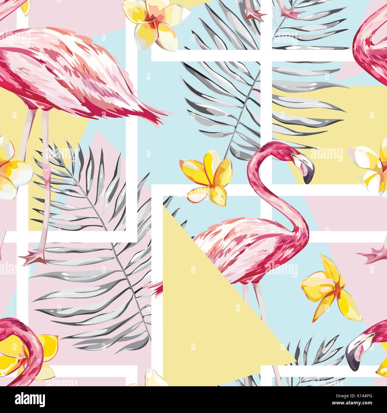 Seamless pattern with tropical Flamingo and leaves. Element for design of invitations, movie posters, fabrics and other objects. Isolated on white. Geometry set. Vector Stock Vector