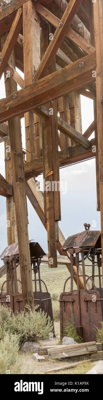 Metal mining cars on wooden frame in Bodie State Historic Park. Stock Photo