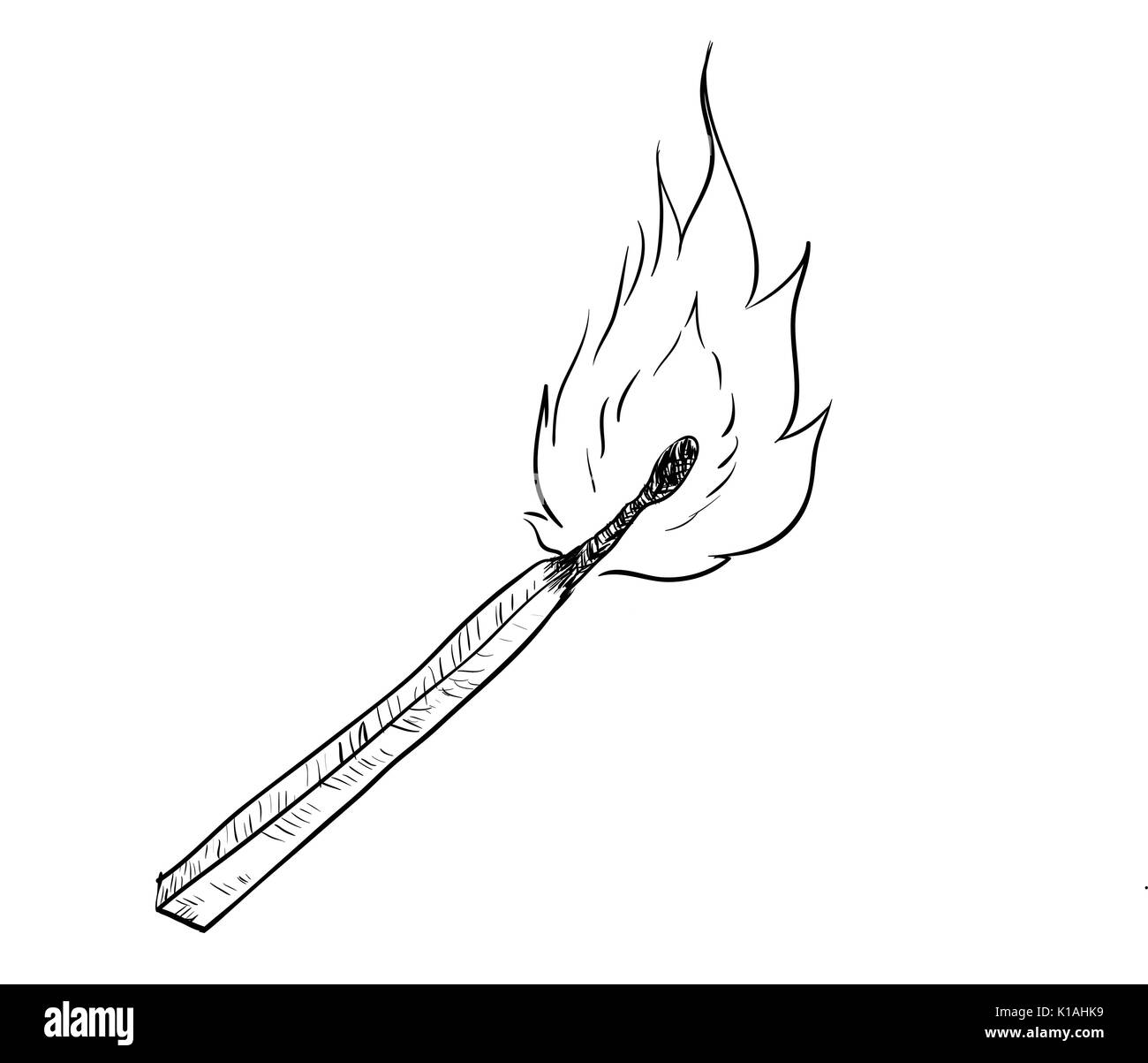 Hand drawing of  fire burning Match. Black and White simple line Vector Illustration for Coloring Book - Line Drawn Vector Stock Vector