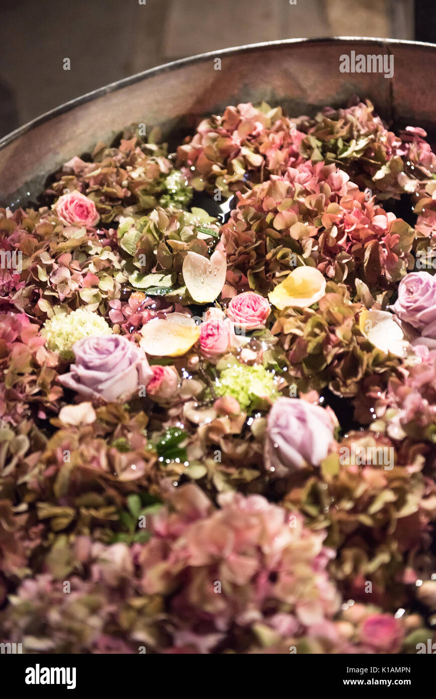 Metal tubs filled with summer flowers. Pink hydrangeas and roses and others viewed high angle on