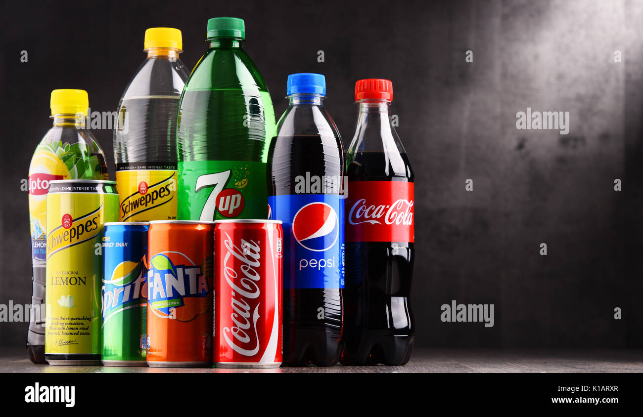 POZNAN, POLAND AUG 18, 2017 Global soft drink market is dominated by brands of few