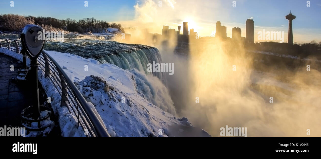 Niagara Falls on the border Ontario river between the USA and Canada