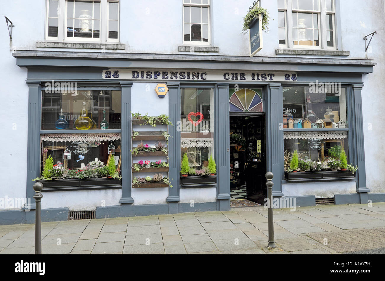 D. King Morgan Dispensing Chemist shop now a florist  on King Street in Carmarthen, Carmarthenshire, Wales UK Great Britain   KATHY DEWITT Stock Photo