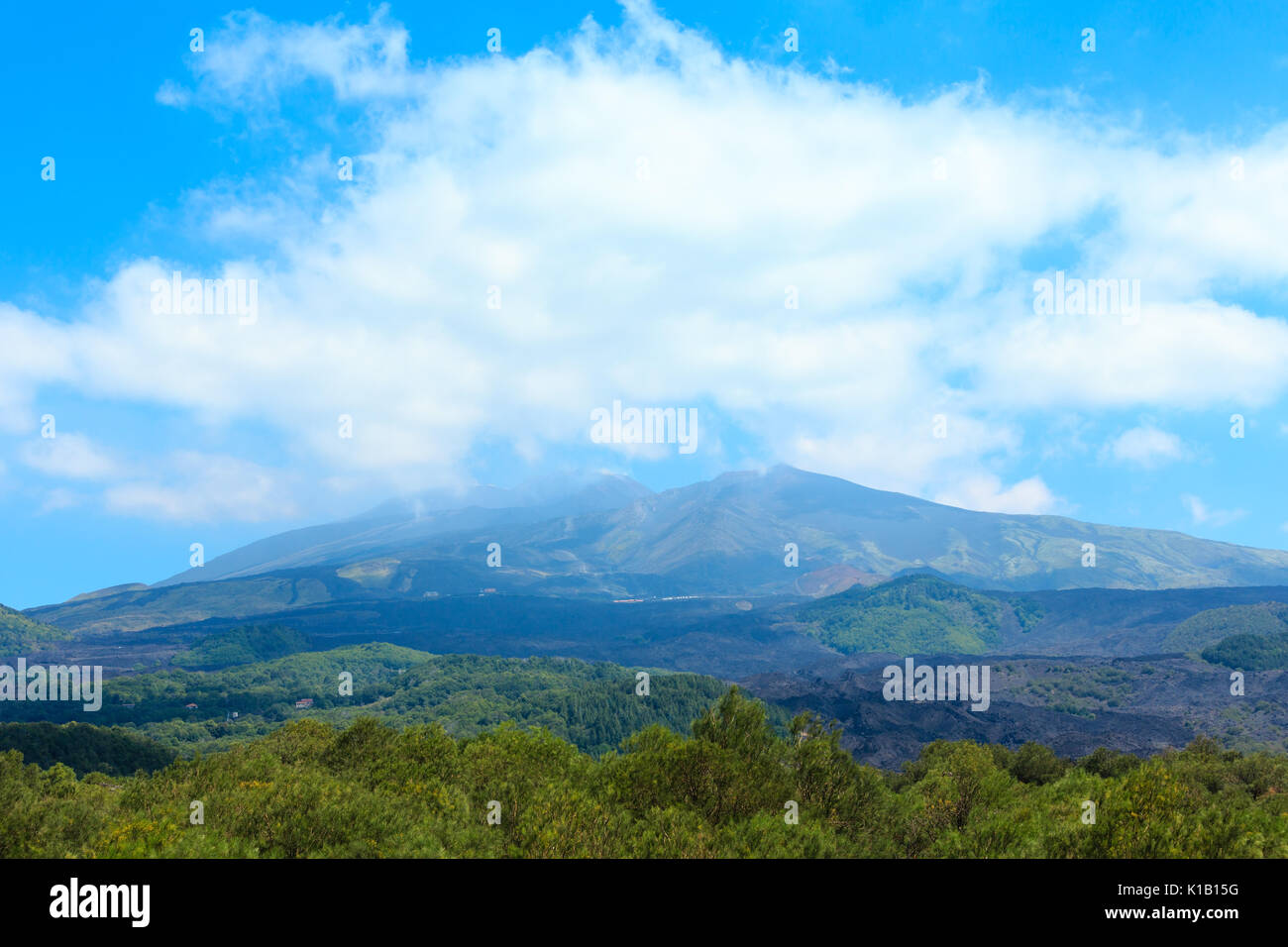 View from foot of summer Etna volcano mountain, Sicily, Italy Stock Photo