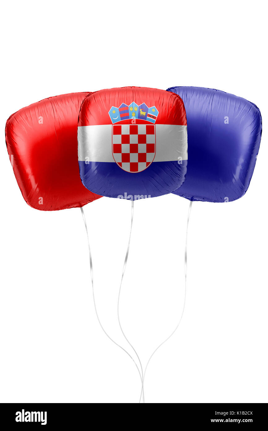 Three Balloons Represent Croatia Flag Colors Are Floating On