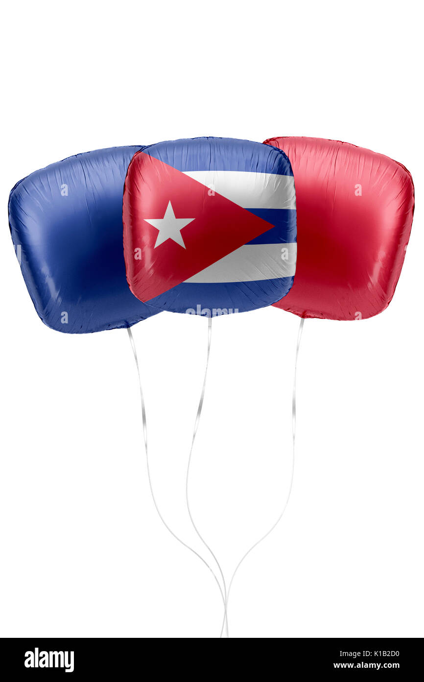 Three balloons represent Cuba flag colors are floating on a white
