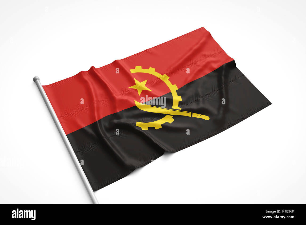 Angola flag is laying on a white surface with flag pole attached. 3D ...