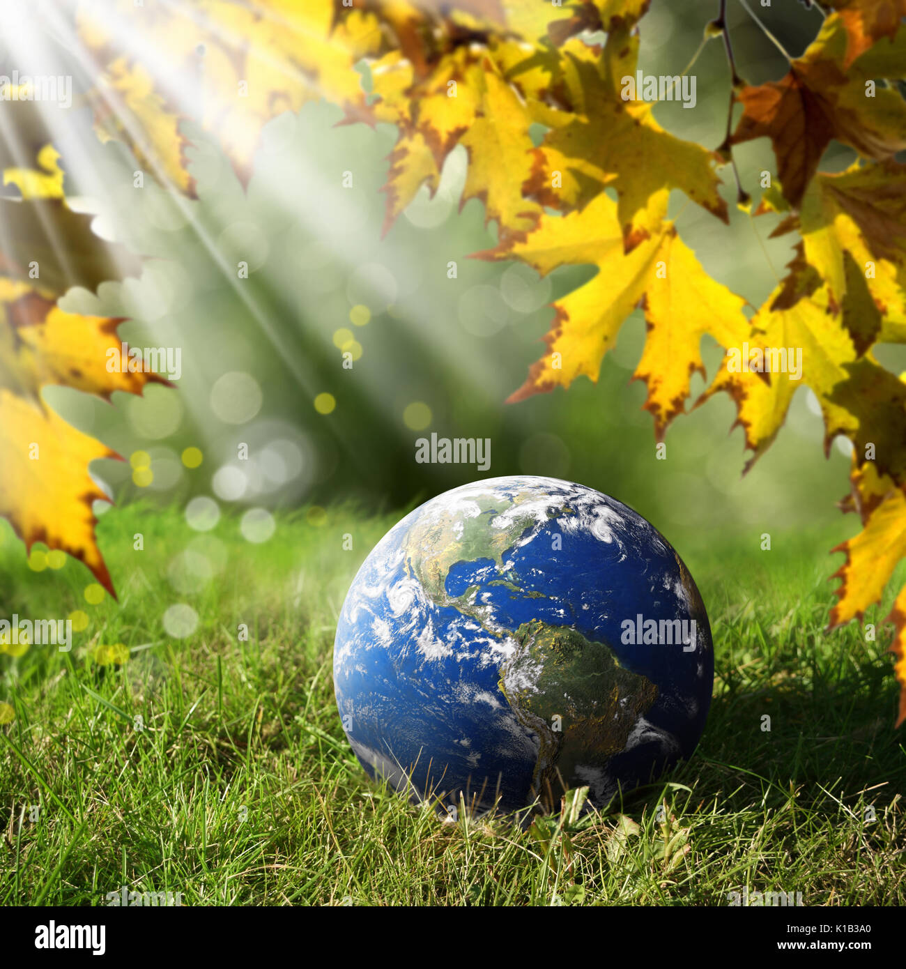 Conceptual image of globe on landscape. Elements of this image furnished by NASA. Stock Photo