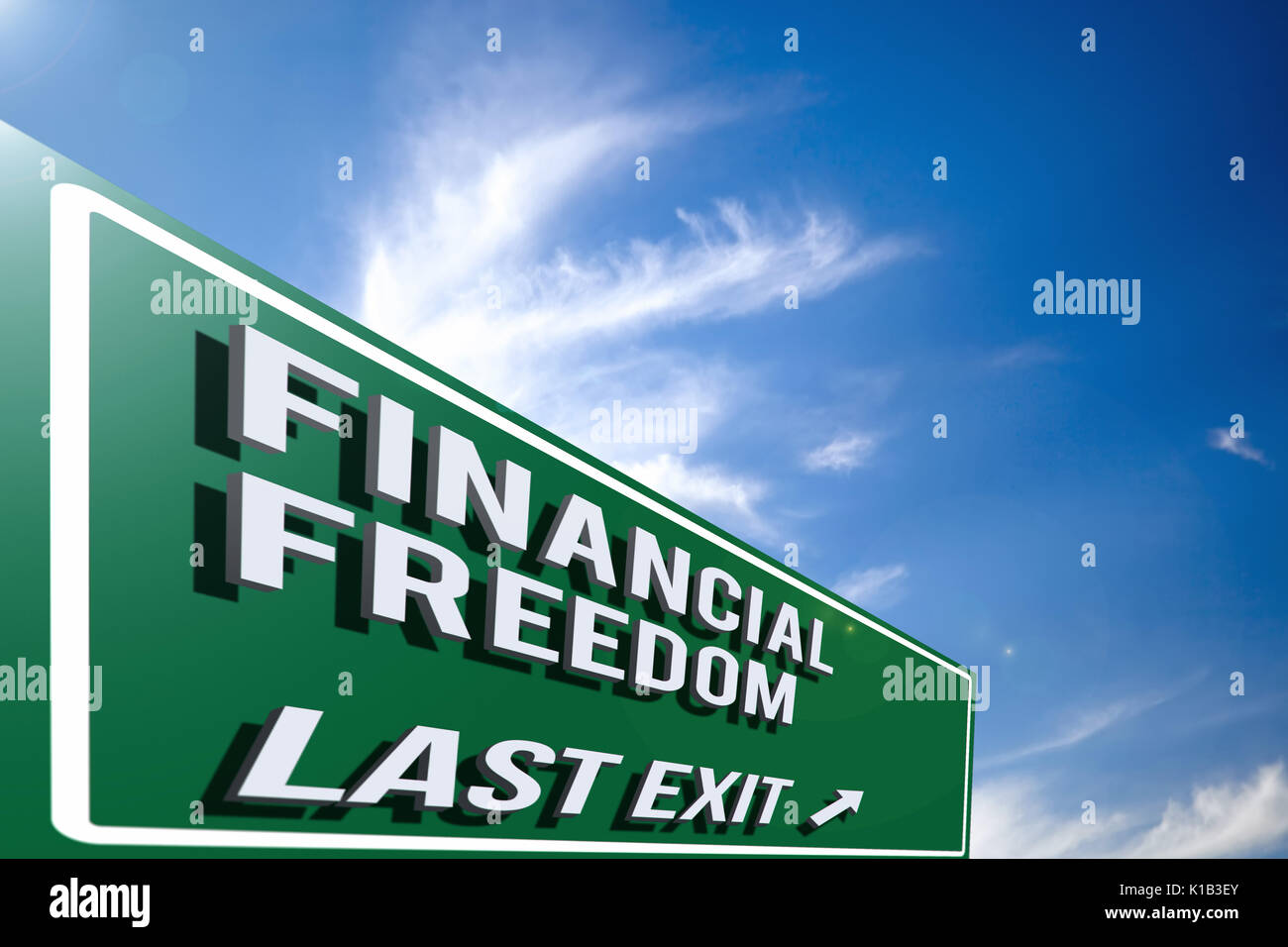 Hi-res 3D highway 'Financial Freedom' road sign against a blue sky with cloudscape. 3D rendering. Stock Photo