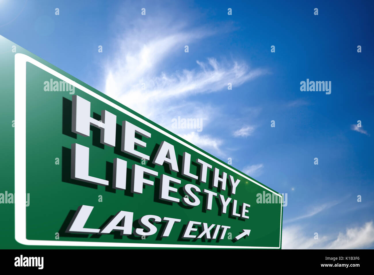 Hi-res 3D highway "Healthy Lifestyle " road sign against a blue sky with cloudscape. 3D rendering. Stock Photo