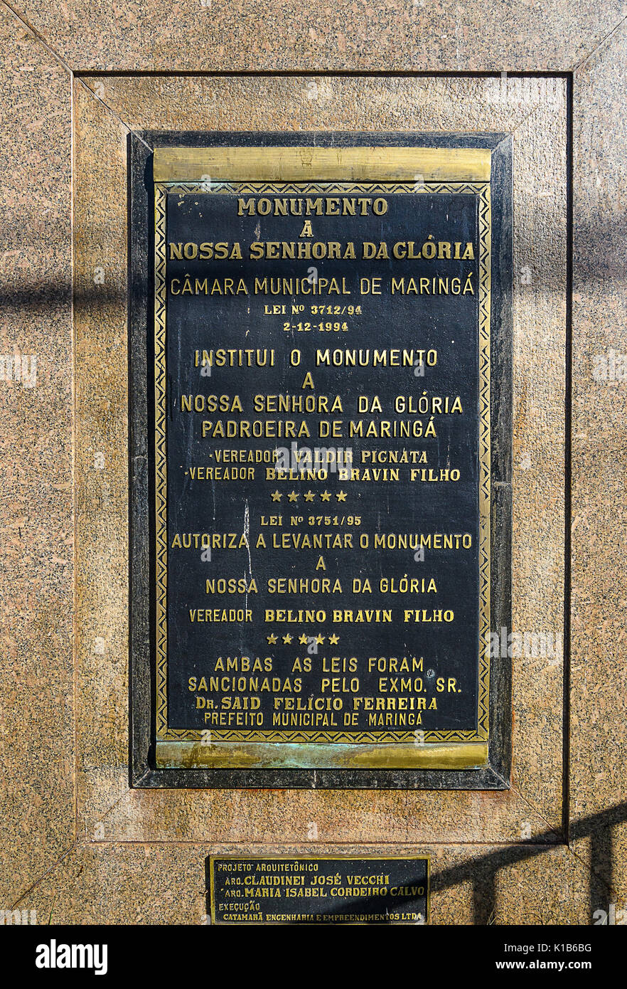 Maringa, Brazil - July 23, 2017: Monument plate of Nossa Senhora da Gloria, the patroness of Maringa city localized in front of the citys cathedral. Stock Photo