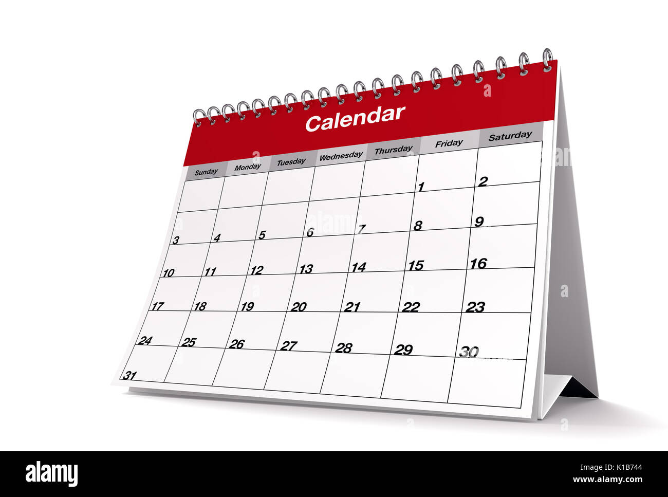 A general monthly calendar's page while it's turning on isolated white