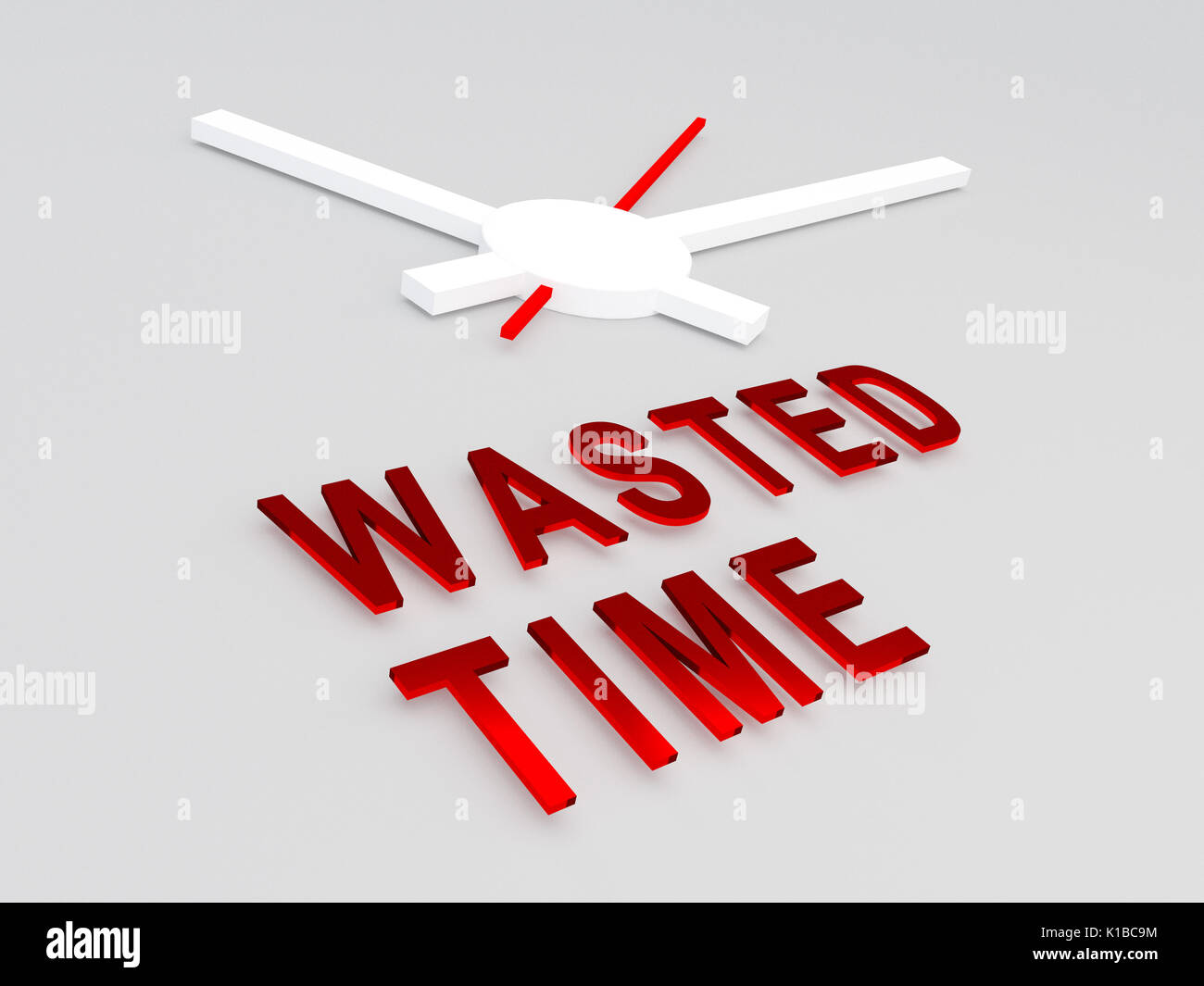 3D illustration of 'WASTED TIME' title with a clock as a background. Time concept. Stock Photo