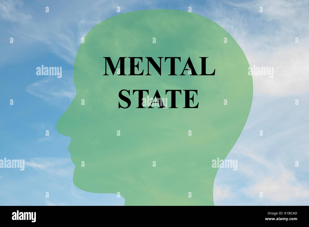 Render illustration of MENTAL STATE script on head silhouette, with cloudy sky as a background. Human mind concept. Stock Photo