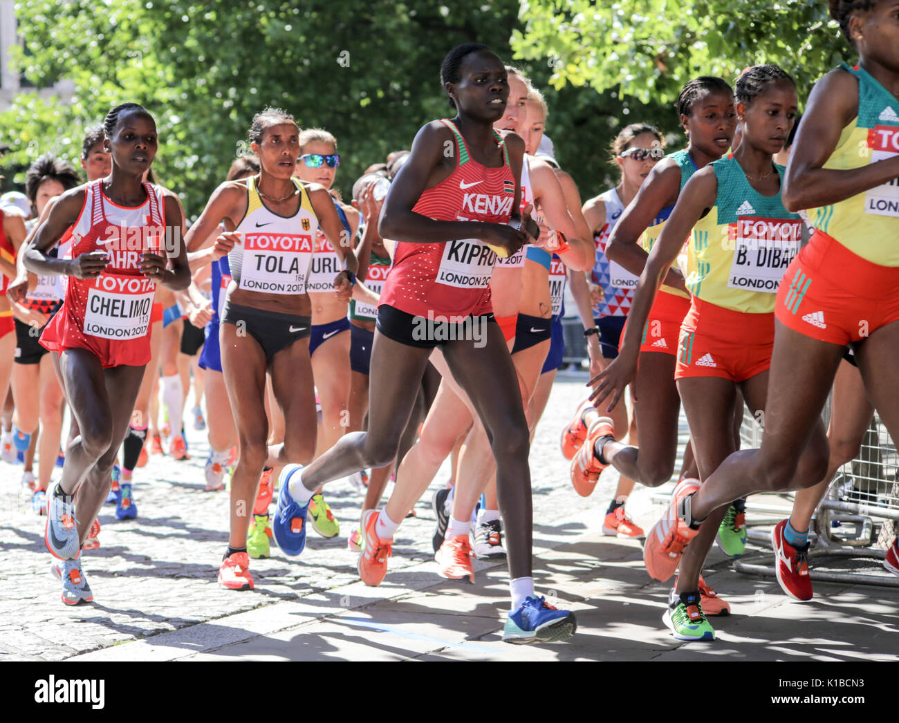 2017/8/6 London: Three Ethiopian athletes including  BERHANE DIBABA leads a group of athletes in the IAAF World Championship Marathon Stock Photo
