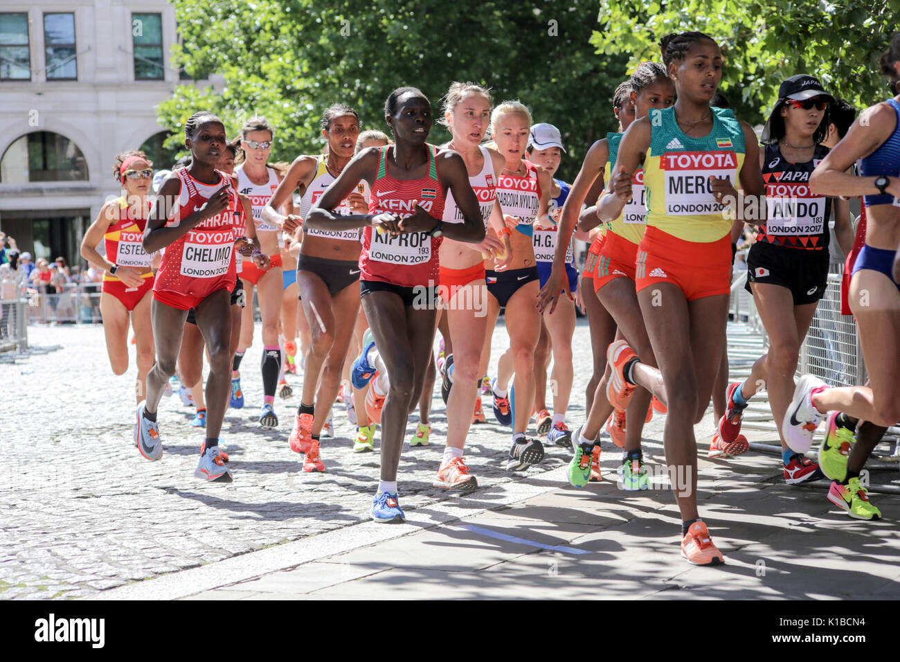 2017/8/6 London: Ethiopian athlete  ASELEFECH MERGIA leads a group of athletes in the IAAF World Championship Marathon Stock Photo