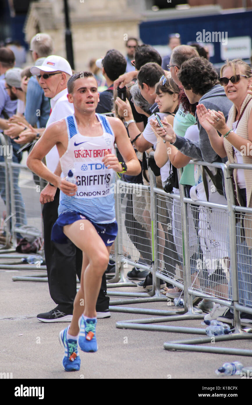 6 Aug '17 London: British athlete Josh Griffiths in 2017 World Athletics Championship men's marathon on way to 39th place in 2:20:06 Stock Photo