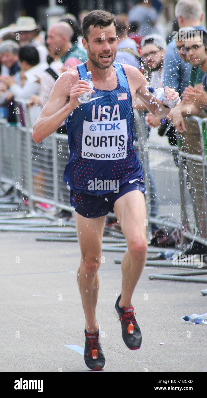 6 Aug '17 London: American athlete Robert Curtis in 2017 World Athletics Championship men's marathon on way to 42nd place in 2:21:22 Stock Photo