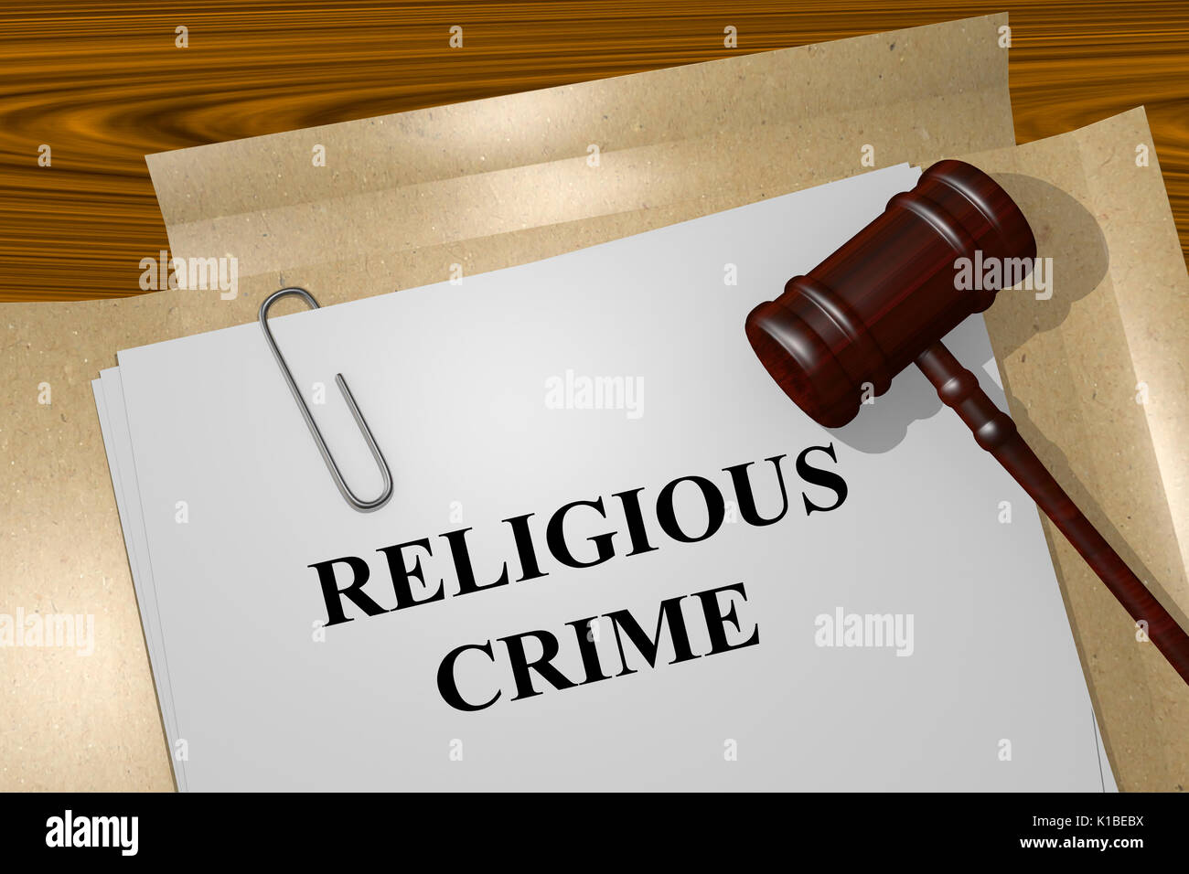 Render illustration of Religious Crime Title On Legal Documents Stock Photo