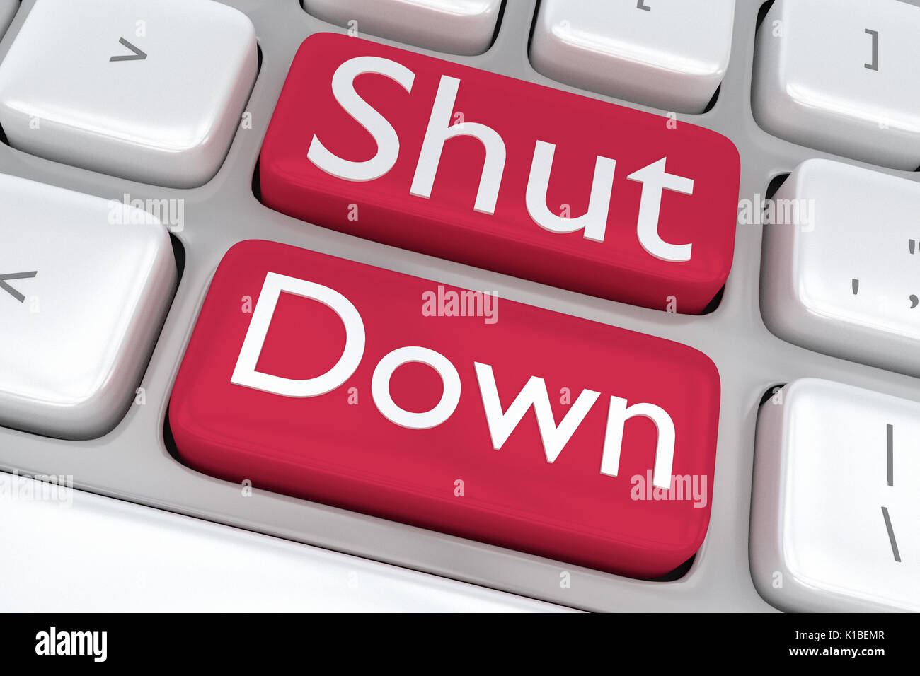 Render illustration of computer keyboard with the print Shut Down on two adjacent red buttons Stock Photo