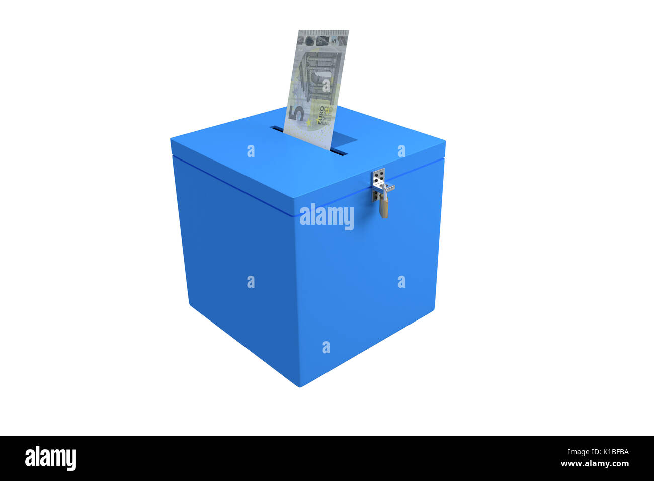 Render illustration of a money bill been inserted into a symbolic election ballot box, isolated on white. Stock Photo