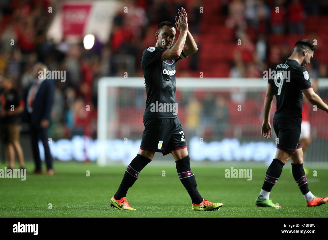 Aston Villa's John Terry thanks the fans after the final whistle during the Sky Bet Championship match at Ashton Gate, Bristol. Stock Photo