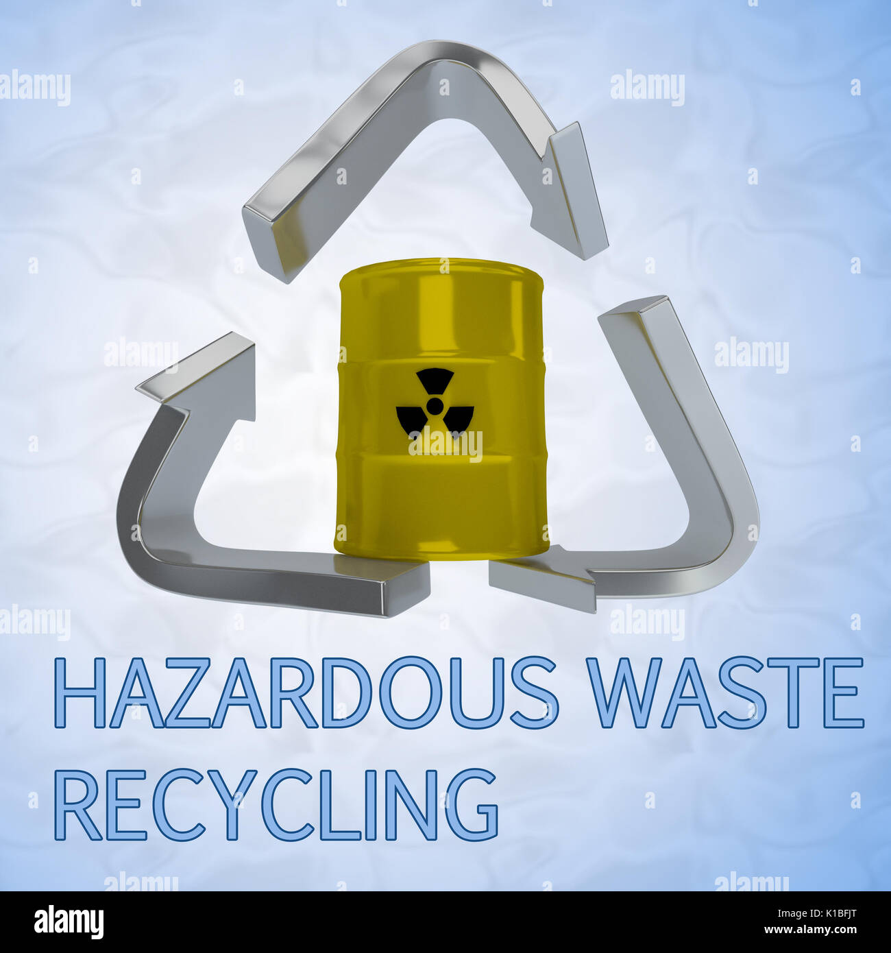 3D illustration of "HAZARDOUS WASTE RECYCLING" title with a barrel in a