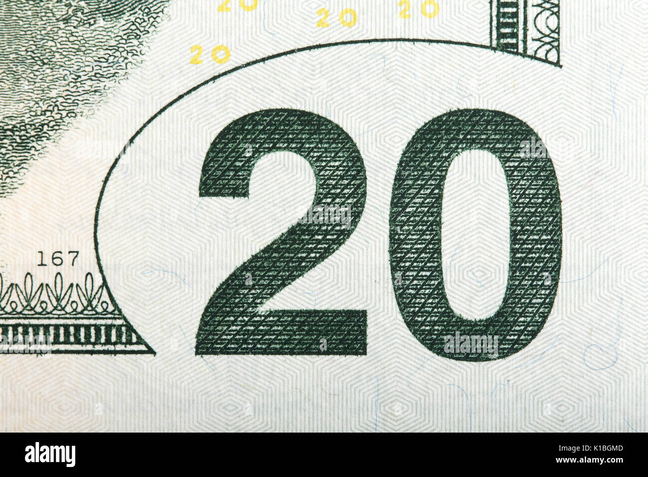 Macro of the value on a U.S. 20 bill, extreme macro. High resolution photo. Stock Photo