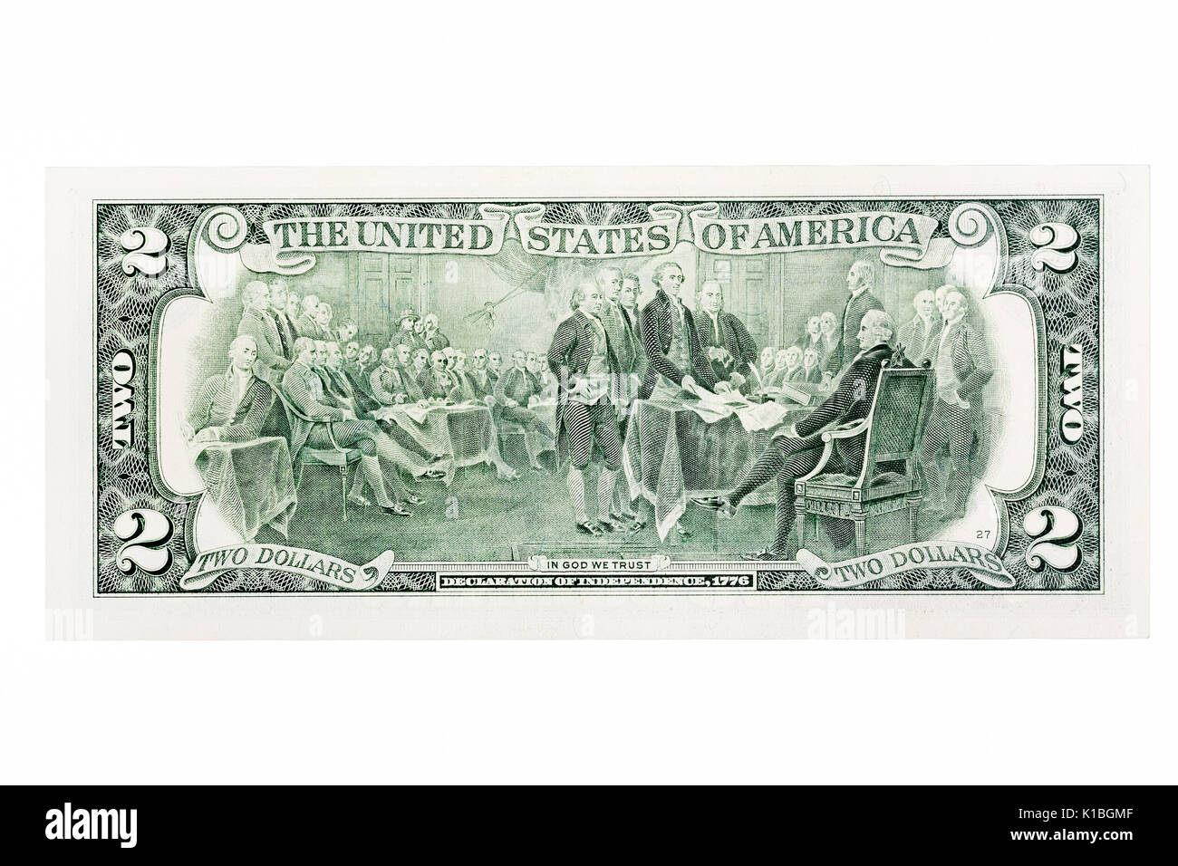 The back of a two U.S. dollar bill isolated on white. High resolution photo. Stock Photo