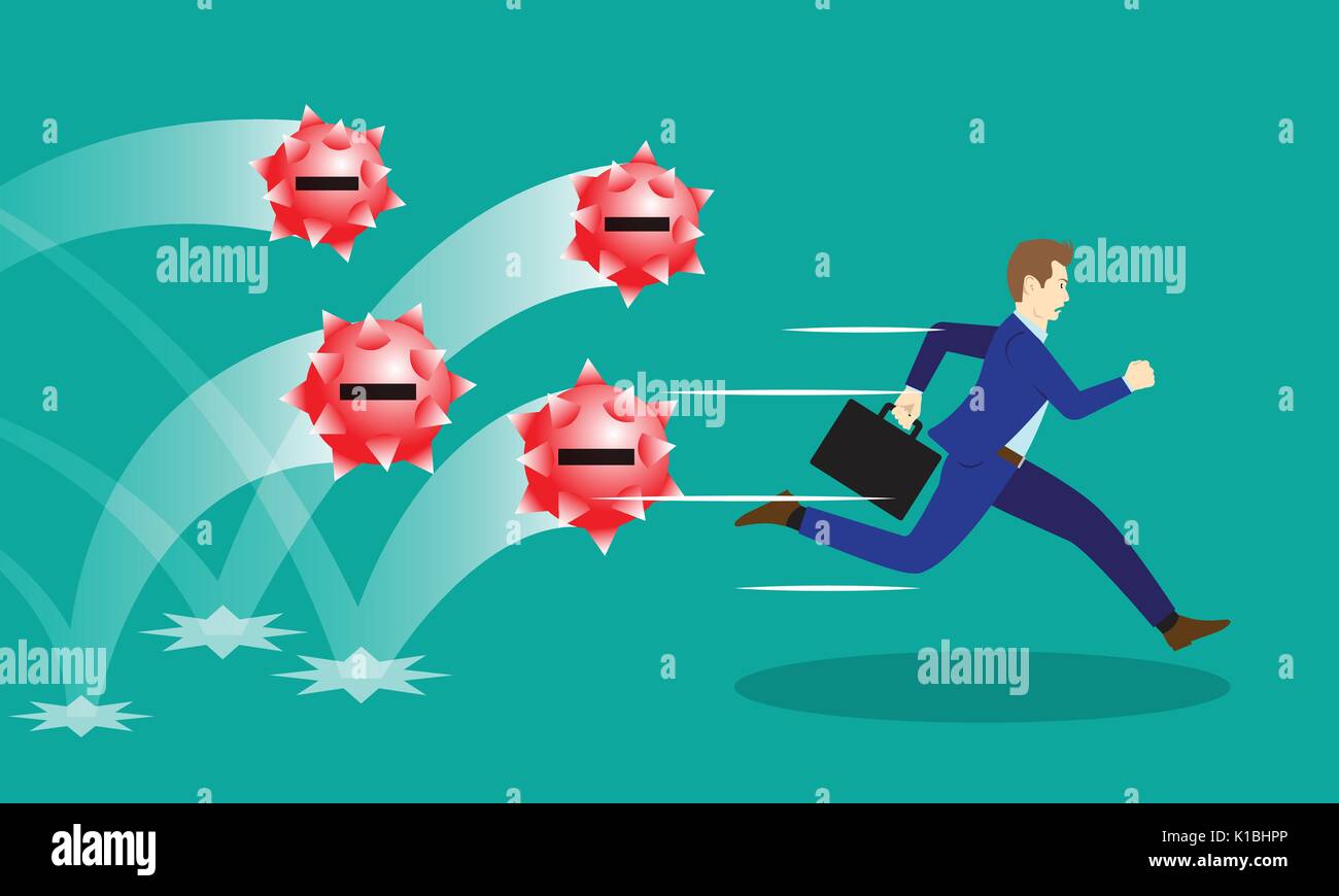 Business Concept As A Businessman Is Running Hurriedly From Bouncing Red Negativity Spiky Steel Balls. He Tries To Avoid Dangerous Negative Attitudes. Stock Vector