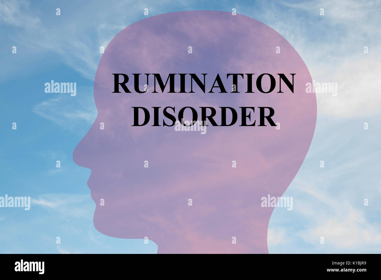 Render illustration of 'RUMINATION DISORDER' title on head silhouette, with cloudy sky as a background. Stock Photo