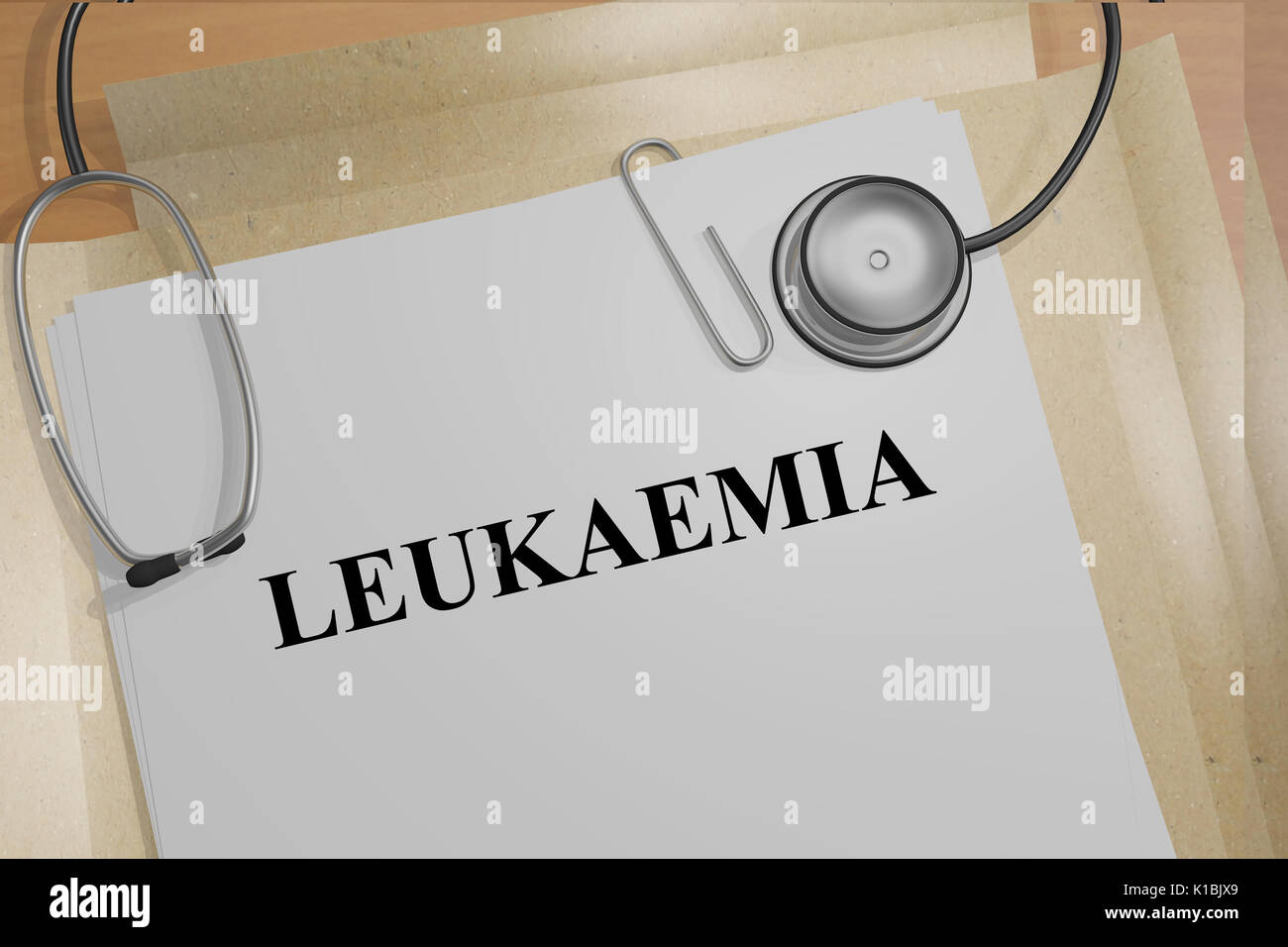 3D illustration of LEUKAEMIA title on medical documents. Medicial concept. Stock Photo